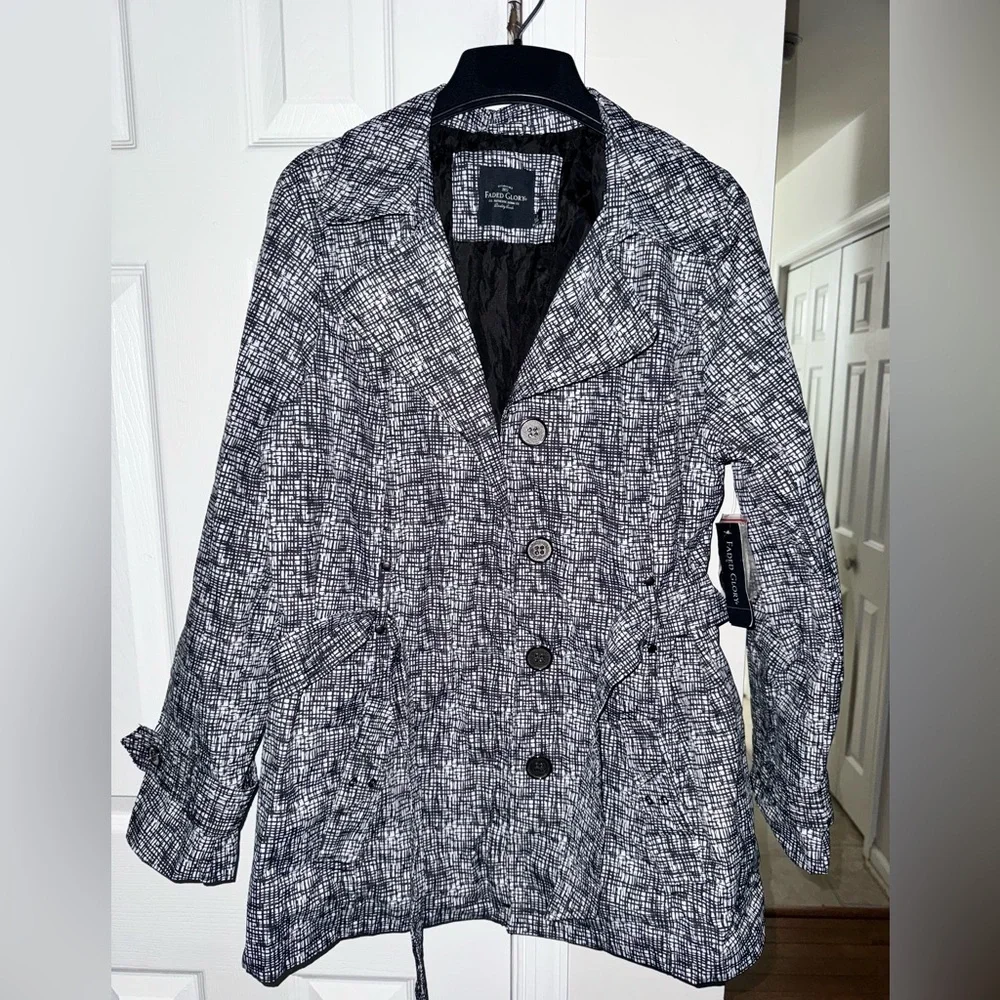 Faded Glory Women's L Black White Print Belted Lightweight Trench Coat Jacket - Picture 2 of 16